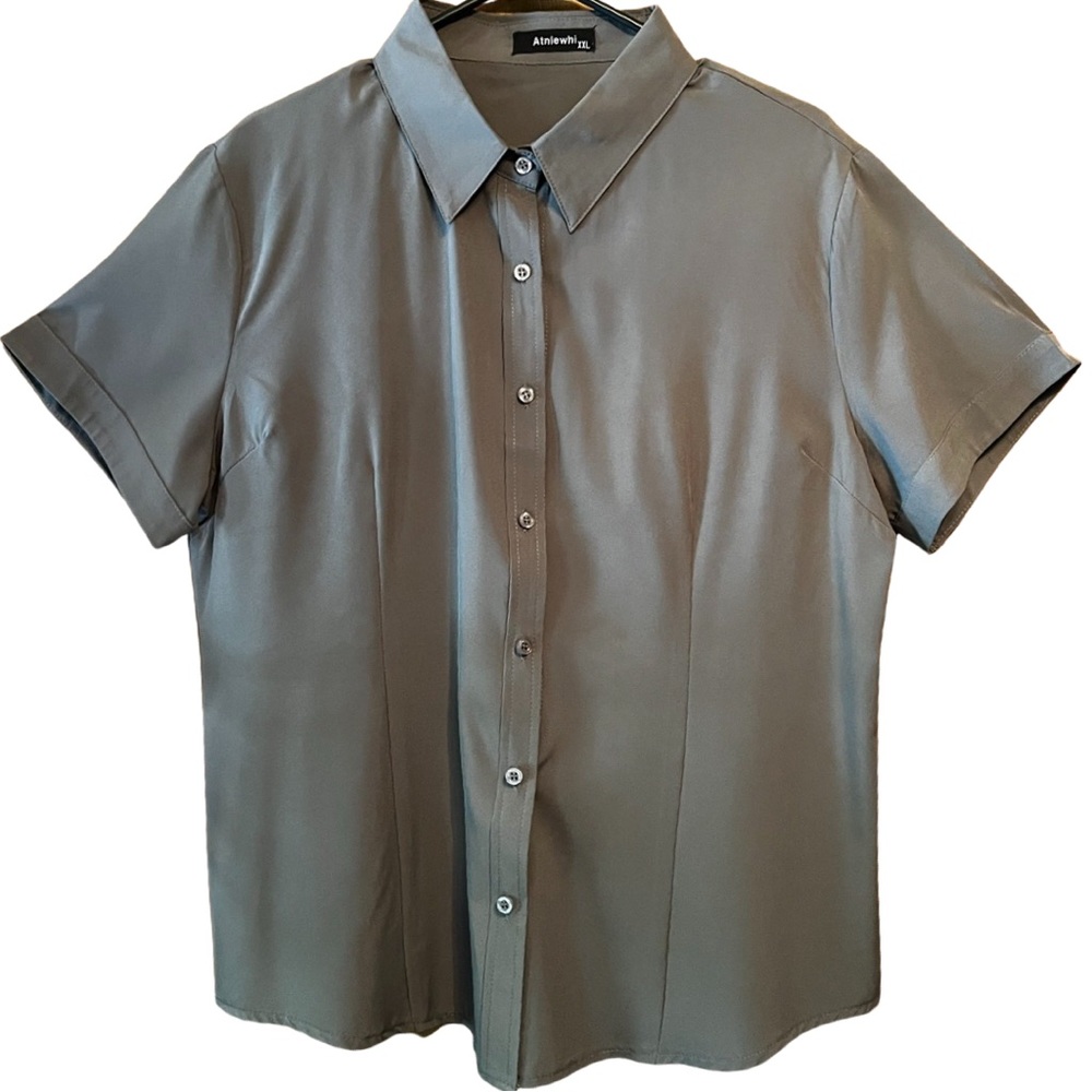 Atnlewhi Chocolate Silky Button Down Blouse, SZ XXL